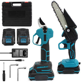 Комплект 2в1 (ланцюгова пила, секатор) + 2 АКБ 48V, в кейсі / Акумуляторна міні пила / Садовий секатор