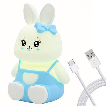Силіконовий нічник Зайчик акумуляторний, з USB, MKC-61, Синій / Дитячий нічник м'який / Світильник нічник світлодіодний