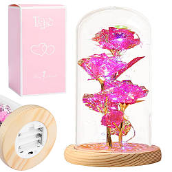 Потрійна троянда в колбі 21см, з підсвічуванням на батарейках / Три троянди під куполом / Нічник вічна троянда