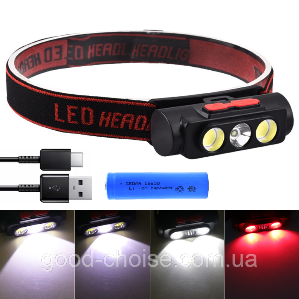 Акумуляторний налобний ліхтар з USB, 6 режимів, PLD-2119B / Світлодіодний ліхтарик на голову