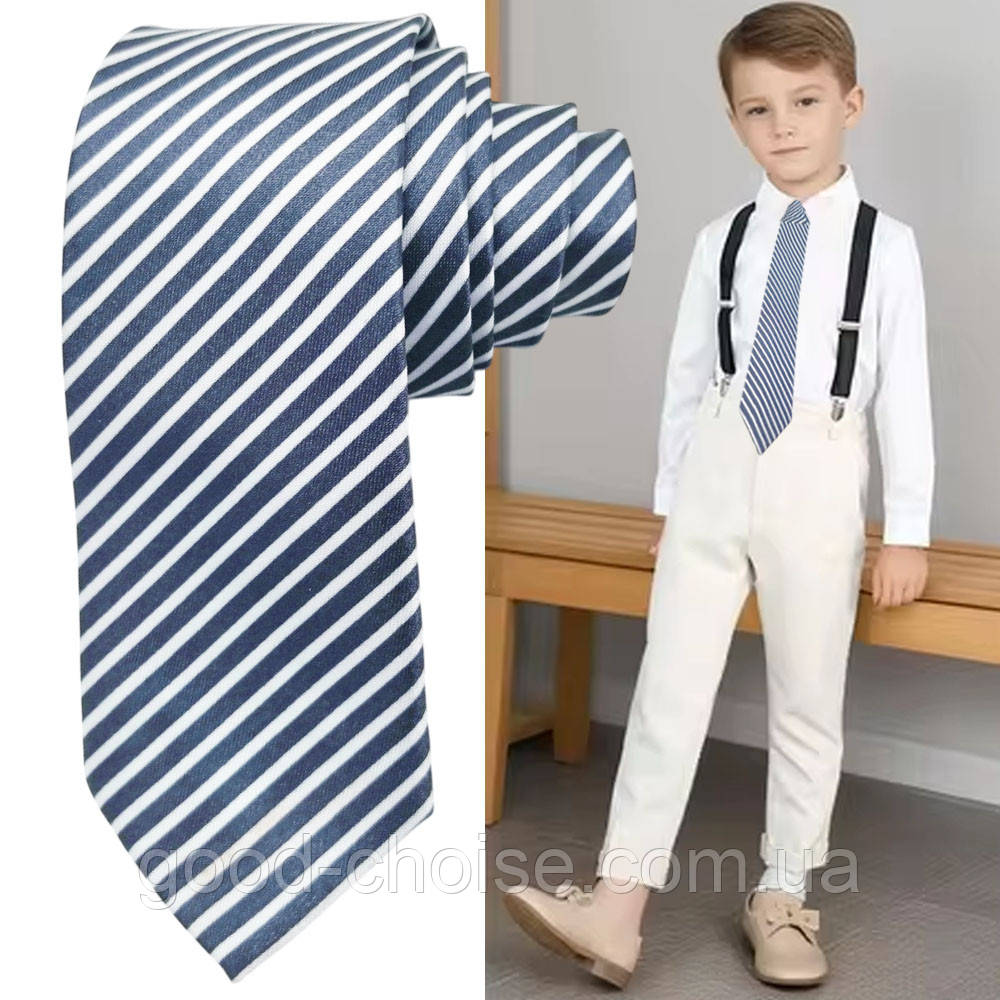 Дитяча краватка в смужку від 2-12 років (165см) Reflects, Синьо-біла / Краватка для школяра / Краватка для дітей, фото 1