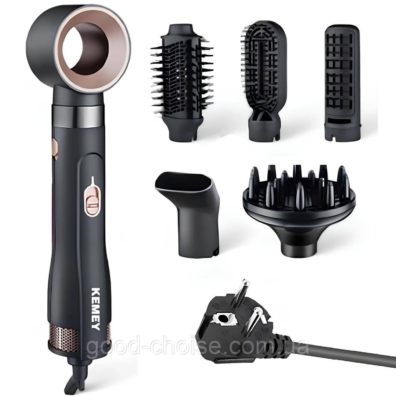 Фен стайлер для волосся 1000W, 6 насадок, KEMEY KM-9205 / Стайлер-браш для укладання волосся / Фен щітка для волосся, фото 1