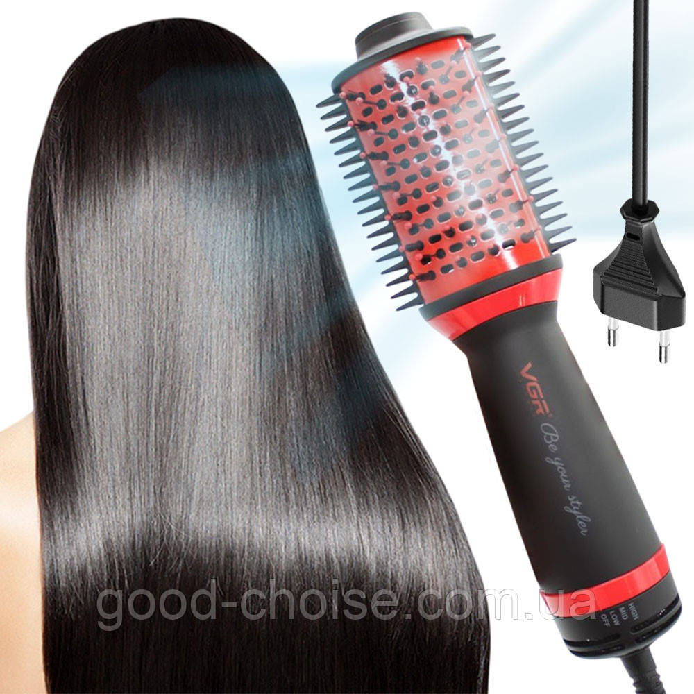 Фен щітка для волосся 3 режими, 700Вт, від мережі, V-415, Червоний / Гребінець фен для укладання волосся /Термобрашинг для волосся, фото 1