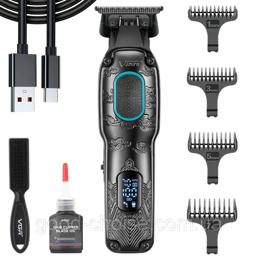 Тример для стрижки з дисплеєм 4 насадки, 2000mAh, V-254 / Акумуляторна машинка для стрижки / Тример чоловічий, фото 1