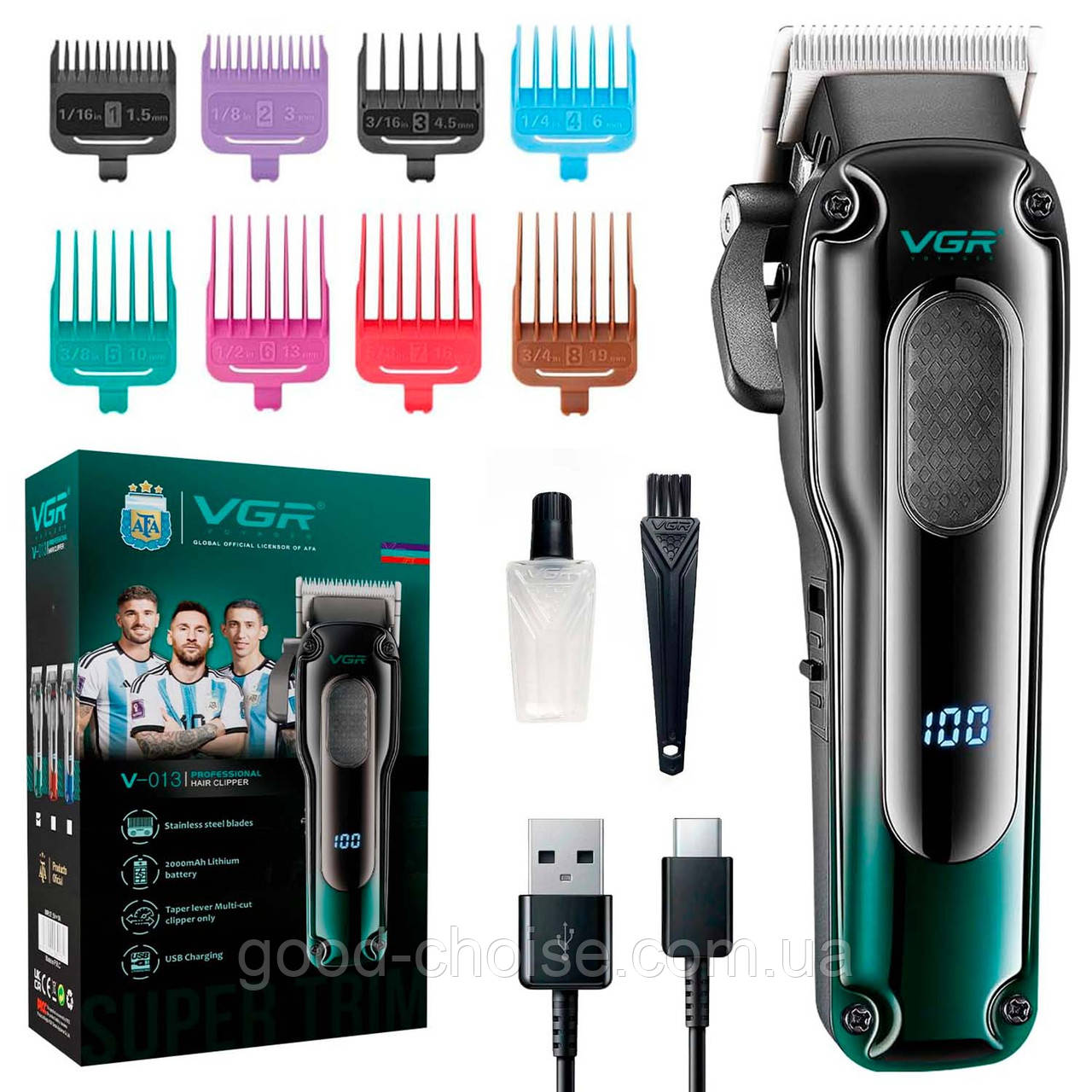 Акумуляторна машинка для стрижки (8 насадок), USB, VGR V-013, Зелений / Тример для стрижки, фото 1