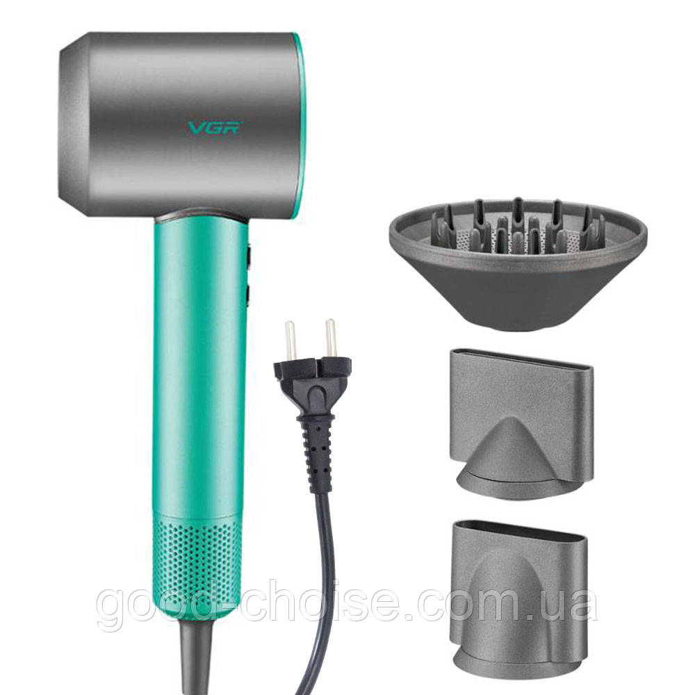Фен професійний 11000 об/хв + 3 насадки, VGR V-440, Зелений / Фен для волосся / Фен з дифузором, фото 1