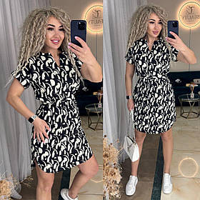 Літнє плаття-туніка із софту з поясом чорне з абстрактним принтом