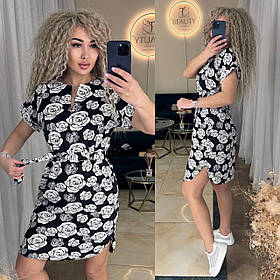 Літнє плаття-туніка із софту з поясом чорне принт білі троянди