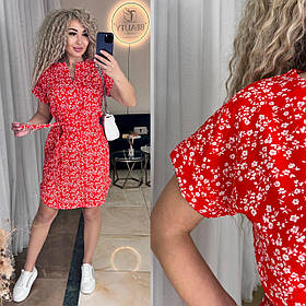 Літнє плаття-туніка із софту з поясом червоне з дрібним квітковим принтом