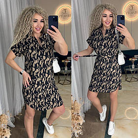 Літнє плаття-туніка із софту з поясом чорне з абстрактним принтом