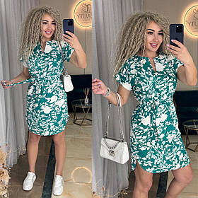 Літнє плаття-туніка із софту з поясом зелене з білим рослинним принтом