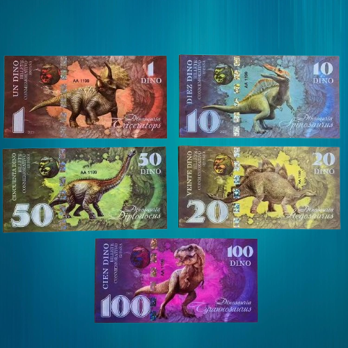 Набір 5 банкнот купонів Dino — Spain.Dinosaurs 2021 (Іспанія). бони UNC, фото 1