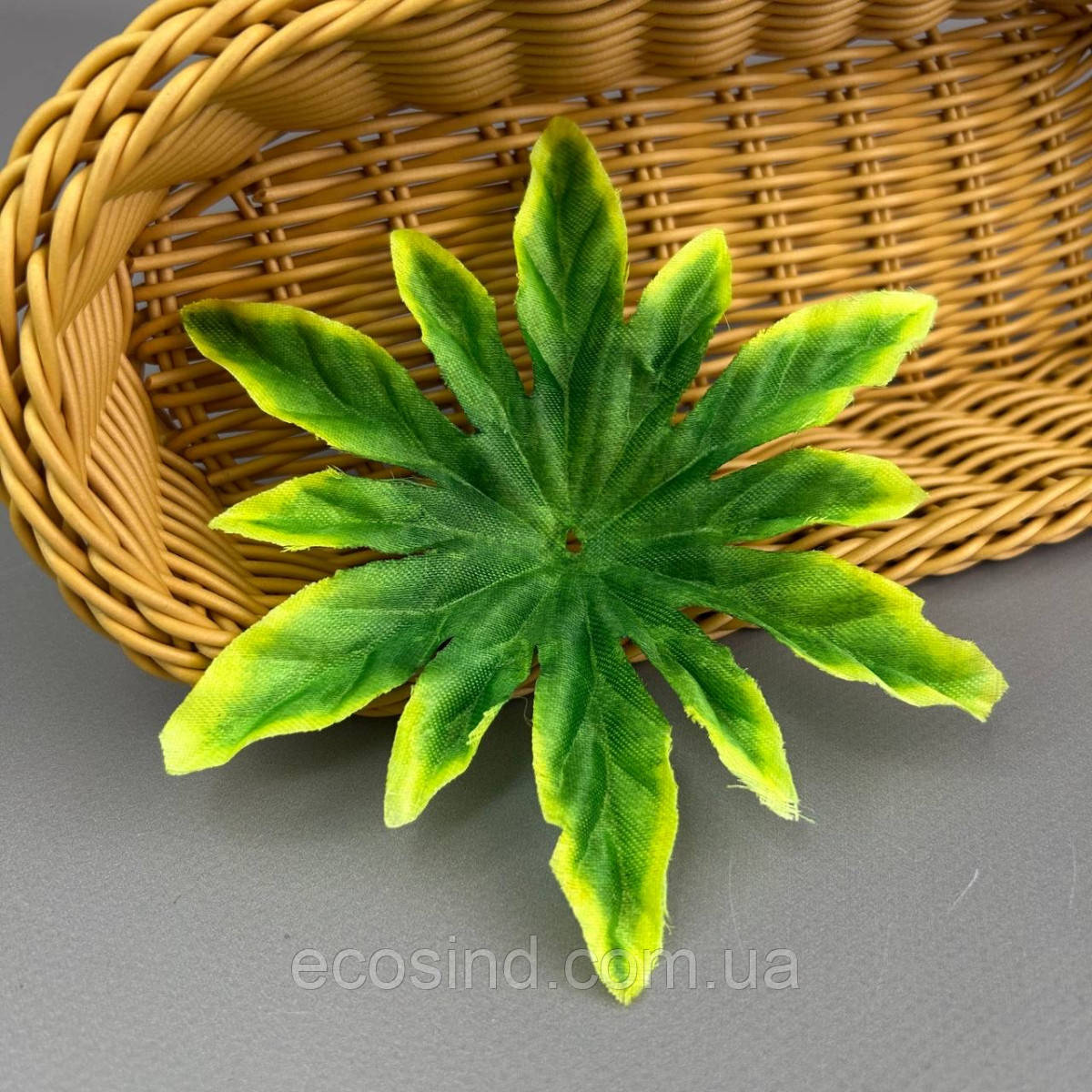 Лист штучний на ніжку 5-ка, 14 см - зелений з жовтим, фото 1