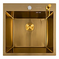 Золота кухонна мийка Valeso Handmade 50х50 PVD GOLD з дозатором 3.0/0.8 5050