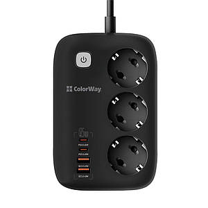 Мережевий фільтр ColorWay CW-CHE34PDB GaN3 Pro PD 65W (2USB-A + 2 TYPE-C) 3 розетки, 4 USB, 2 м, чорний