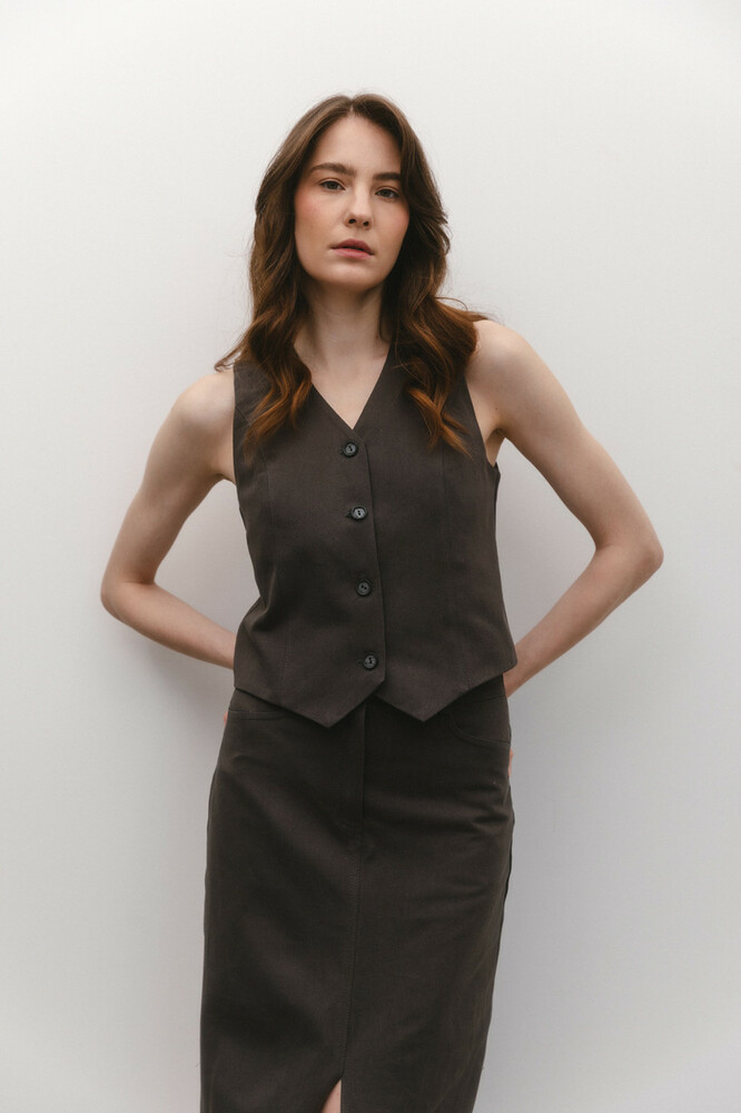 Жилет графітовий з V-подібним вирізом на ґудзики  MKAZ6515, фото 1