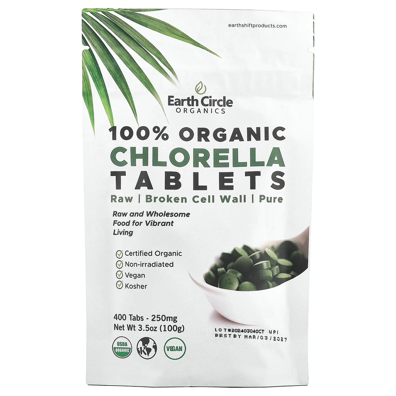 Earth Circle Organics, органічна хлорелла в таблетках, 250 мг, 400 таблеток, 100 г (3,5 унції), Київ