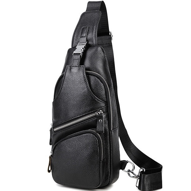Сумка-слінг чоловіча на плече 17х32х7, нагрудний шкіряний рюкзак для міста TIDING BAG MK16094 чорний