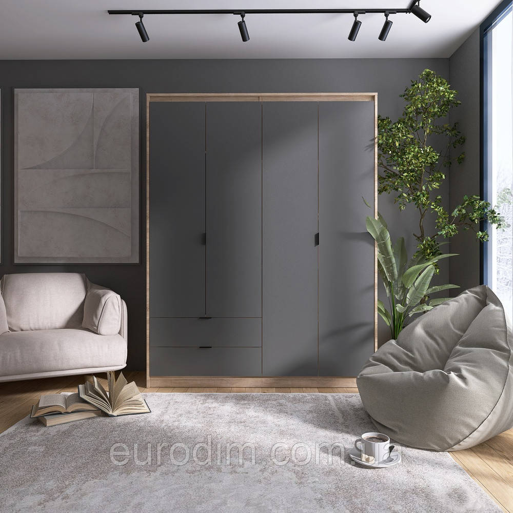Шафа розпашна для одягу з висувними шухлядами (полиці - штанга) Еверест Сіті-1600 160,2х50х204,6 см Дуб сонома/Графіт (DTM-071121)