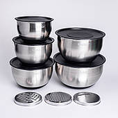 Набір мисок з нержавіючої сталі 5 штук з кришками і терками салатники з нержавійки 5/4/ 2.5/2/1.5 л