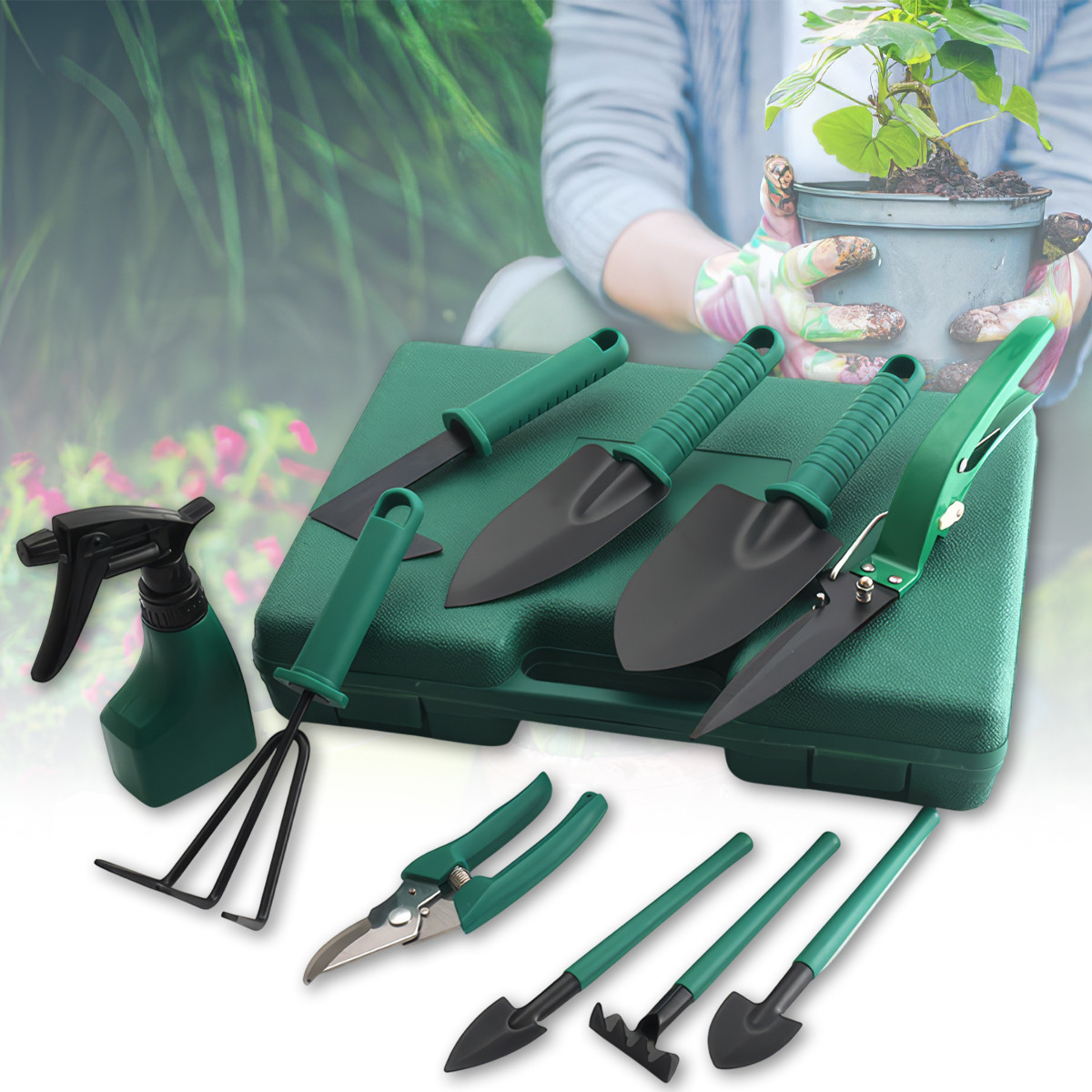 Набір садових інструментів 10 в 1 у пластиковому кейсі Зелений, фото 1