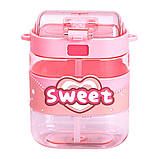 Пляшка для води дитяча з трубочкою та ремінцем 560 мл пляшечка для пиття в школу 15 см Рожева HP-14-36P, фото 3