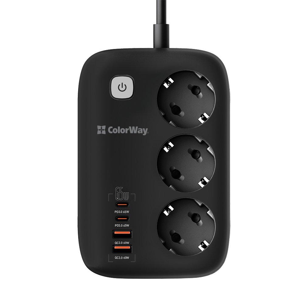 Фільтр живлення ColorWay CW-CHE34PDB GaN3 Pro PD 65 W (2 USB-A + 2 TYPE-C) 3 розетки, 4 USB, 2 м, чорний, фото 1