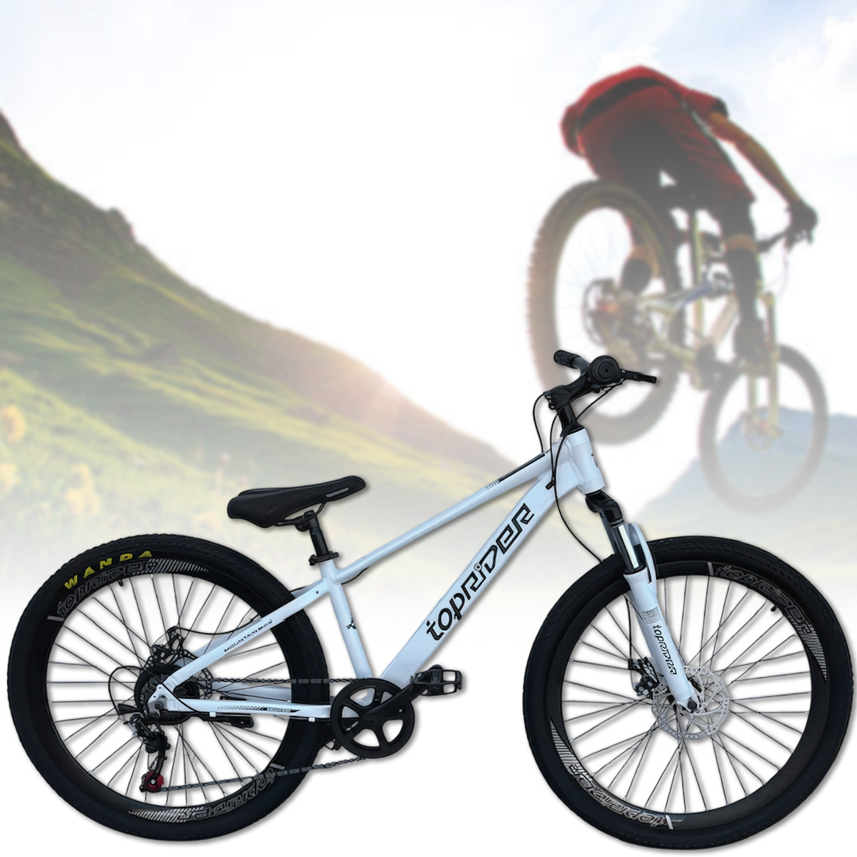 Гірський велосипед на 15'' рамі з амортизаторами та 7 швидкостями TopRider TOP100 26" Білий, фото 1