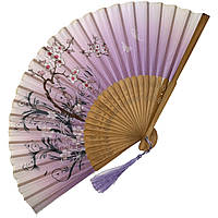 Віяло дерев'яний "Квіти і метелики" бузковий 21х37 см (C5966)