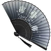 Віяло дерев'яний "Квіти і метелики" сірий 21х37 см (C5975)