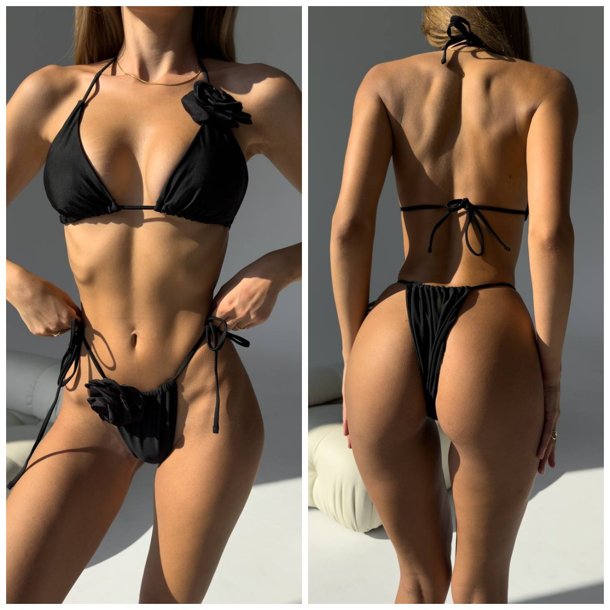 Жіночий роздільний чорний купальник з квіткою, фото 1