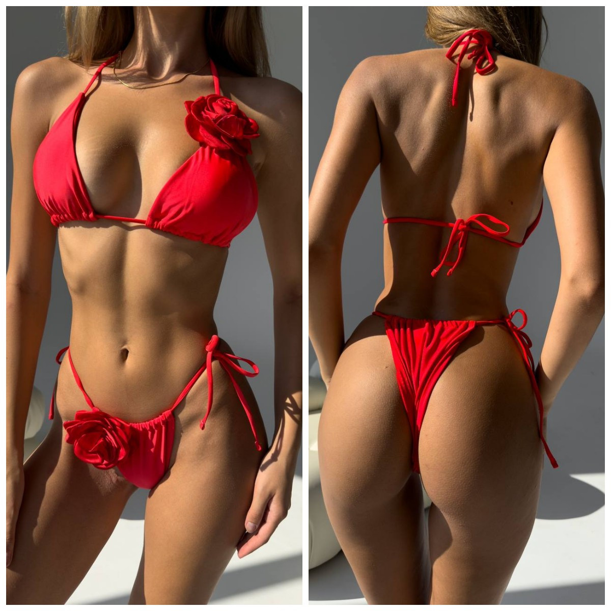 Жіночий роздільний червоний купальник з квіткою, фото 1