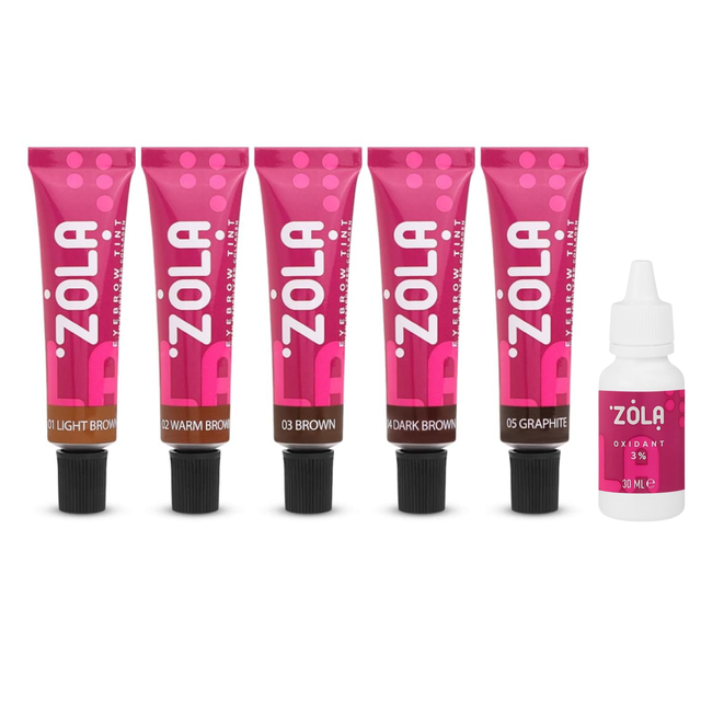 Всі відтінки фарби Zola та окисник які входять до набору фарб для брів