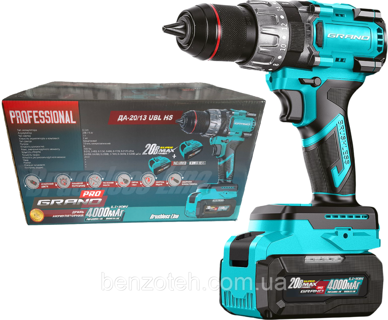 Шуруповерт акумуляторний ударний безщітковий GRAND ТАК-20/13 UBL HS з 2 АКБ 20 В / 4,0 Ач, 100 Нм, фото 1