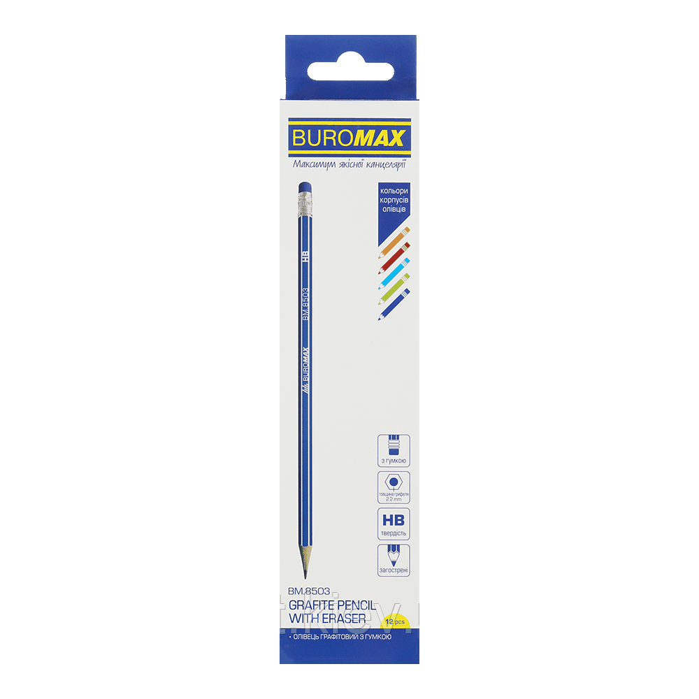 Олівець графітовий WHITE LINE, НВ, з гумкою 12шт., BM.8503