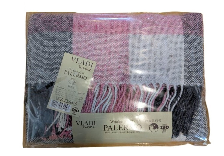 Плед вовняний Vladi - Палермо №8 Pictor біло-рожево-світ.антрацит 140*200 полуторний оптом, фото 1