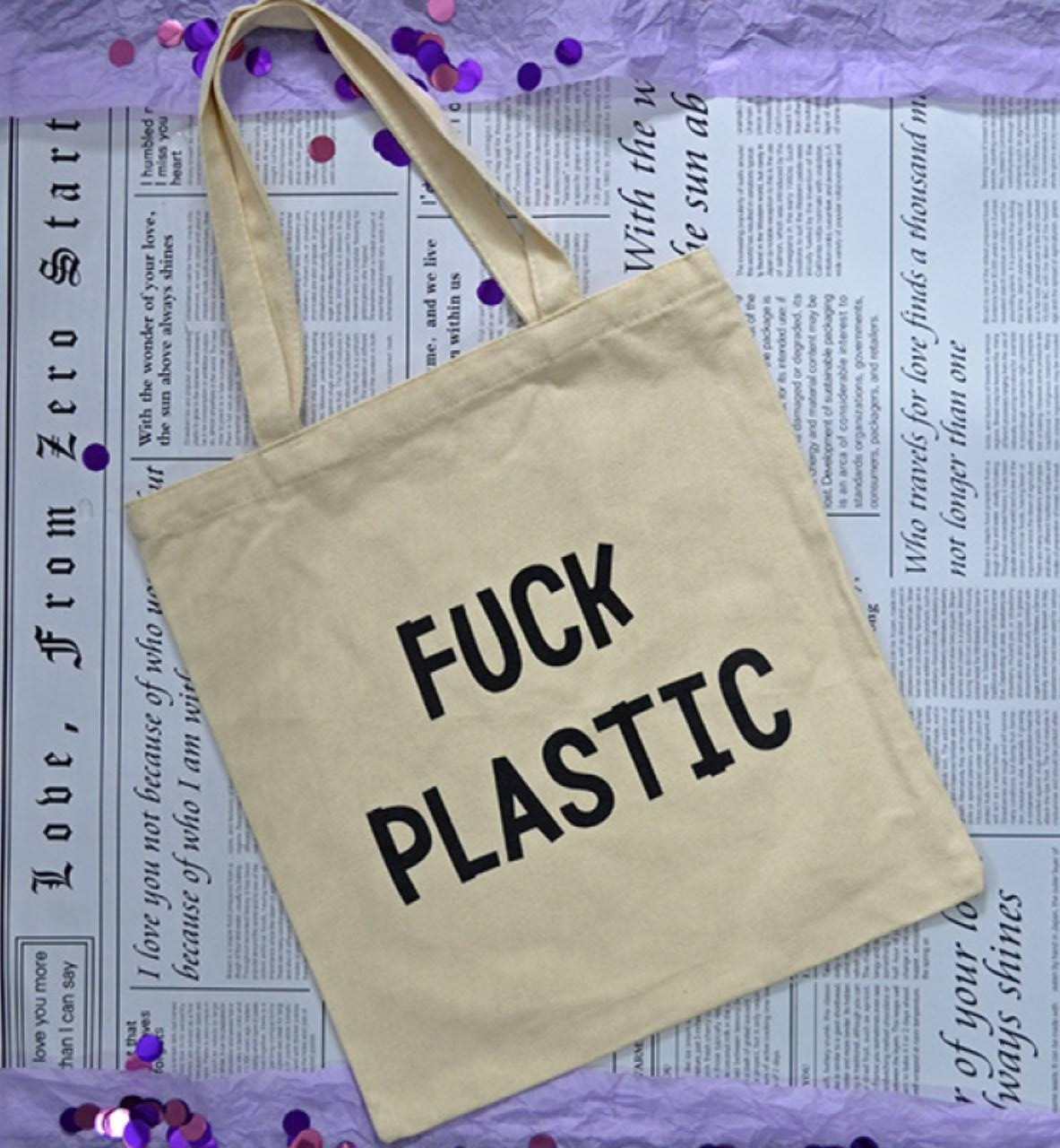 Бежева сумка-шопер із надписом “Fuck Plastic” 1056