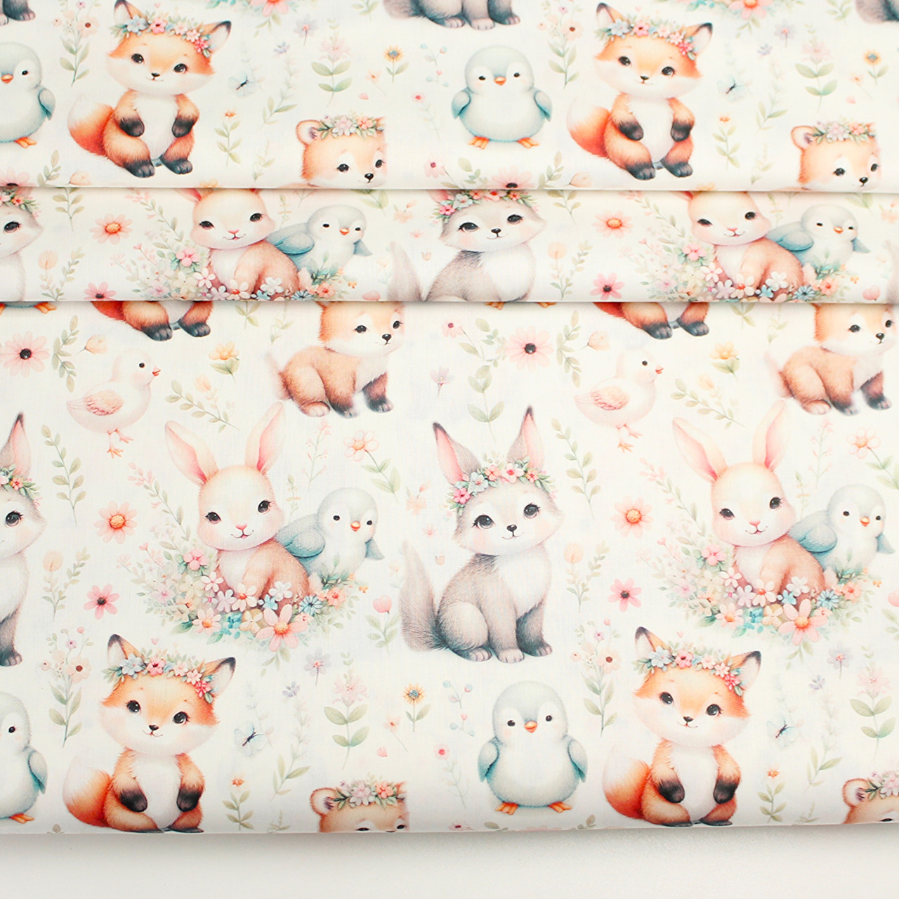 Ранфорс digital з цифровим друком "Лисички з гілочками зайчик та пінгвіни" № РЦ - 3469, фото 1