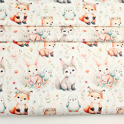 Ранфорс digital з цифровим друком "Лисички з гілочками зайчик та пінгвіни" № РЦ - 3469