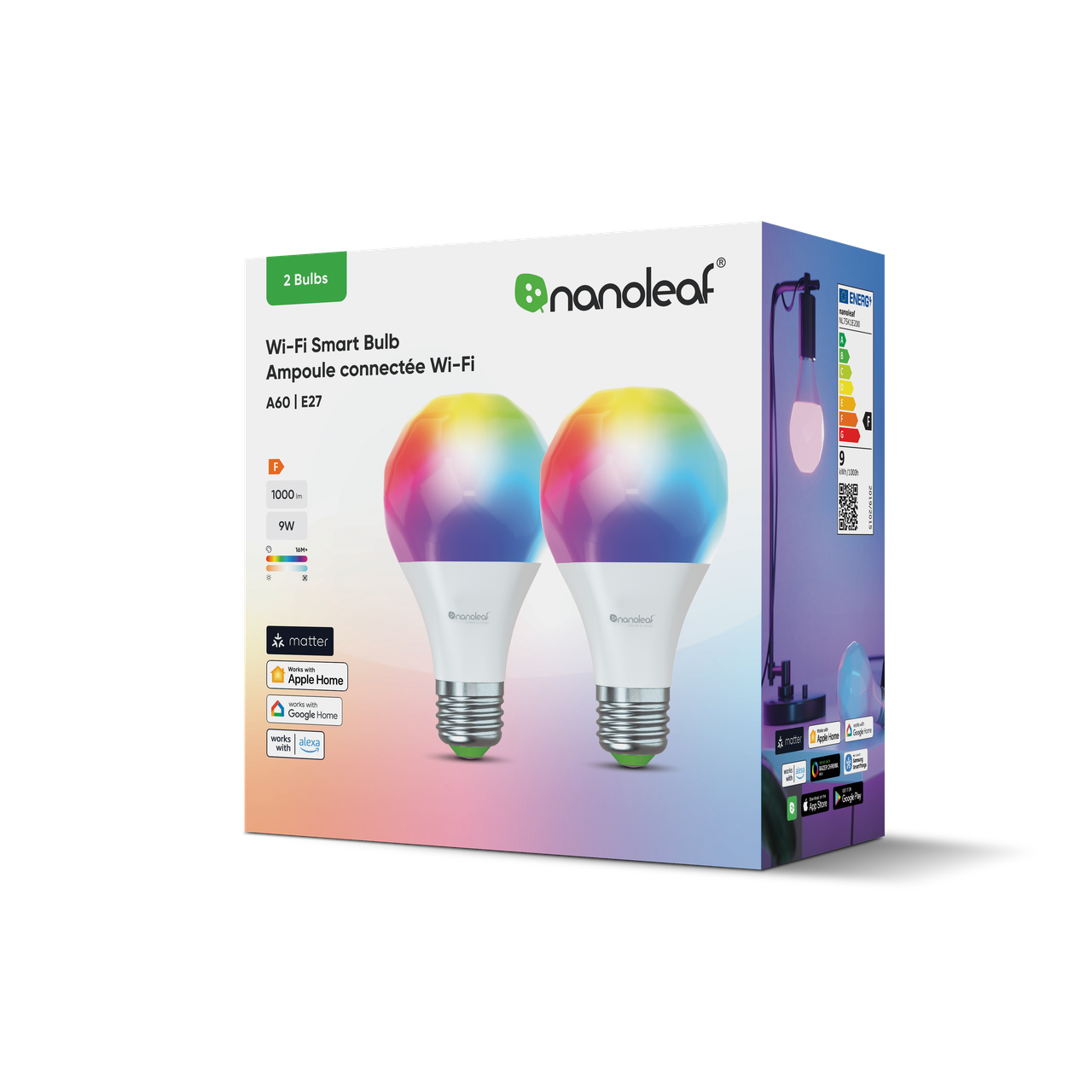 Розумна лампа Nanoleaf Essentials Smart Bulb, A60, E27, 9 W, Wi-Fi, Apple Homekit, Matter — 2 шт.