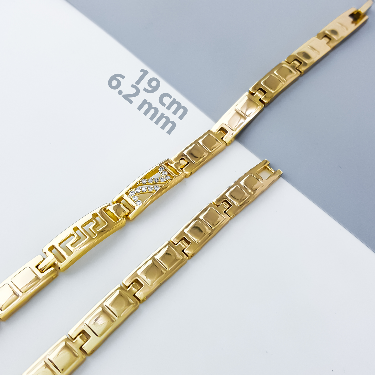 Браслет "Доріжка" з грецьким візерунком та камінням, р.19;  медзолото Xuping, позолота 18К, фото 1