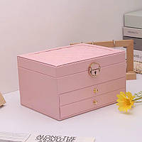 Шкатулка для украшений трехуровневая на замке большая 23 х 18 х 13,5 см Розовая