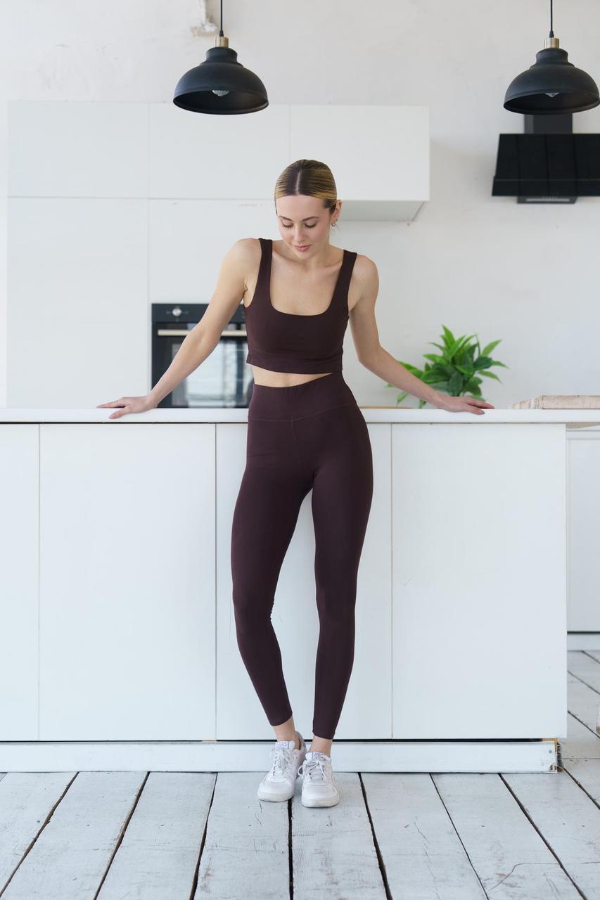 Жіночий літній комплект Топ + Лосини коричневий спортивний костюм на літо, фото 1