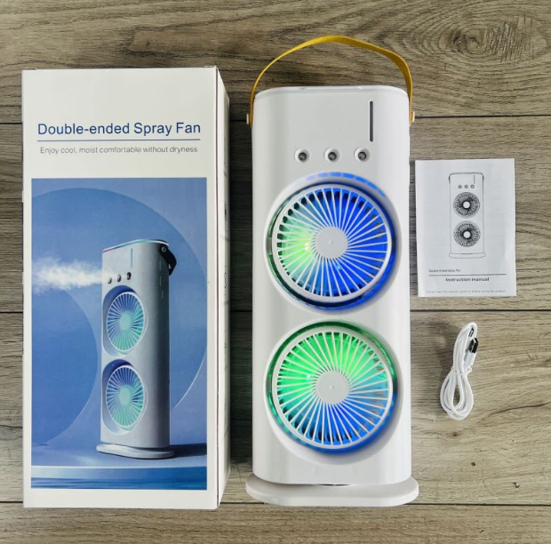 Настільний акумуляторний вентилятор подвійний з охолодженням Double-ended Spray Fan LED підсвічування 3 швидкості, фото 1