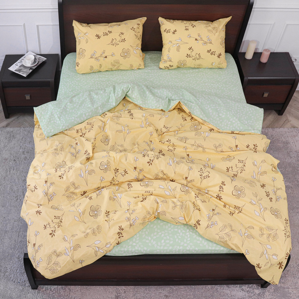 Євро максі набір двоколірної постільної білизни з принтом квітів 200*220 комбінований із Бязі Gold, Черешенька