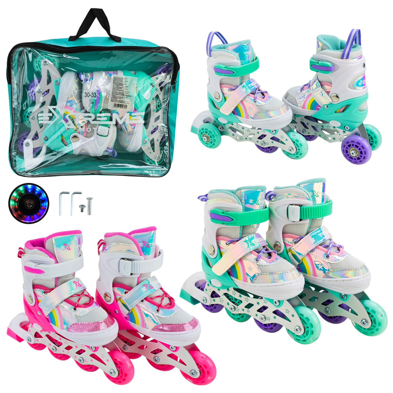 Роликові ковзани арт. RL25430 (6шт)  розмір S (30-33) колеса PU 1 світло 2 кольори, у сумці 38*7*31 см