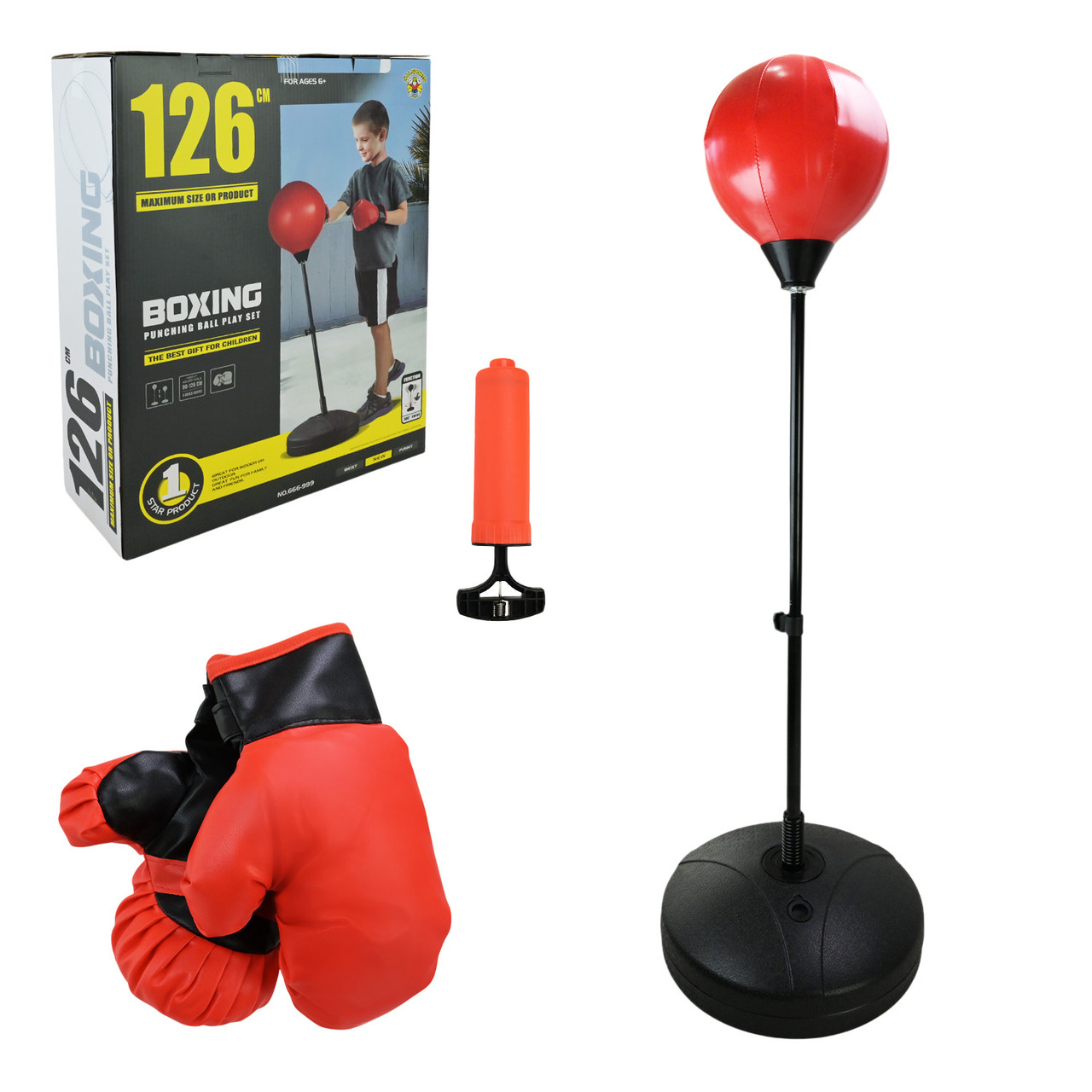 Боксерський набір  арт. 666-999 (8шт)  надувна груша 23 см на стійці (80-126см)  короб 39*13*49см
