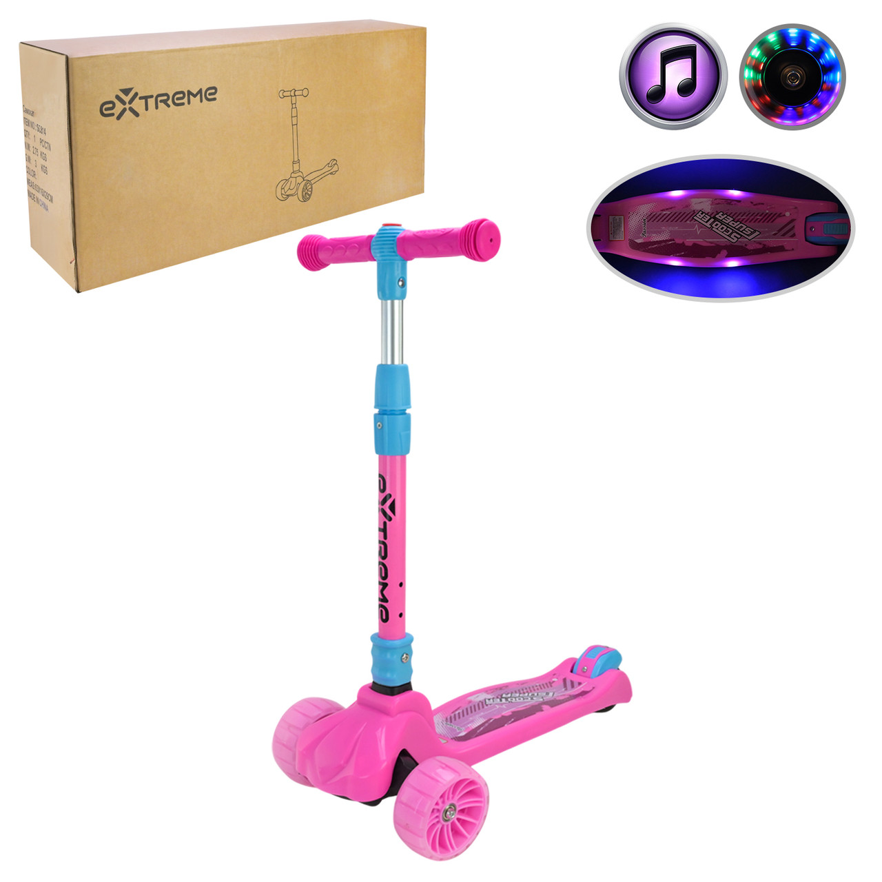 Самокат дитячий 3-х коліс арт. SC814_Pink  (1шт)  РОЖЕВИЙ,3 колеса,PU світло, заднє пластик,складний короб.