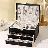 Шкатулка для ювелирный изделий трехъярусная с замком 23 х 18 х 13,5 см Черная