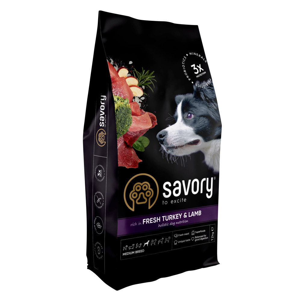 Сухий корм Savory Medium для собак середніх порід, зі свіжим ягням та індичкою 12 кг